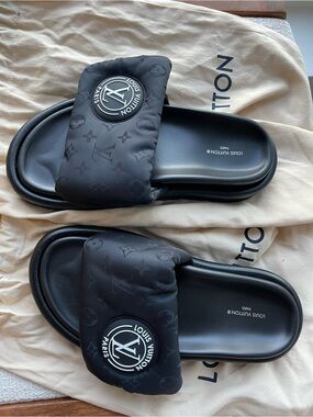 Louis Vuitton Pillow Comfort Mule Black Nylon Leather Logo Slide w receipt copy